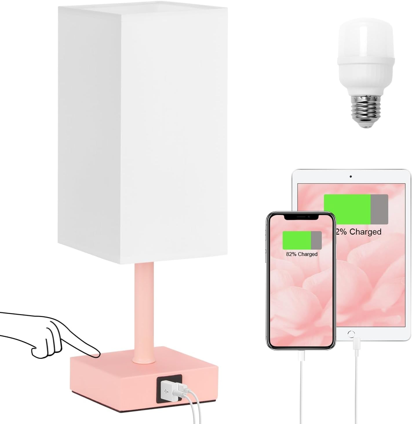 Ambimall Touch Control Table Lamp with 2 USB Charging Ports, 3 Way Touch Lamps beside Desk, Nightstand Lamp for Bedrooms Living Room, Pink Shade with White Base, LED Bulb Included(Pink)