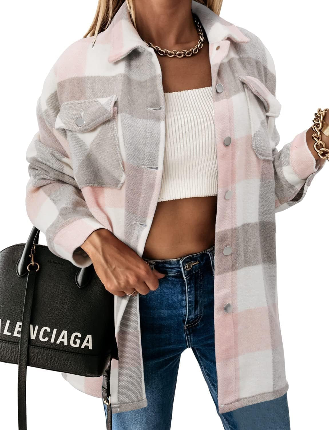 Stunshow Women's Plaid Button-Down Flannel Shacket Long Sleeve Coat Jacket - Trendy 2025 Collection