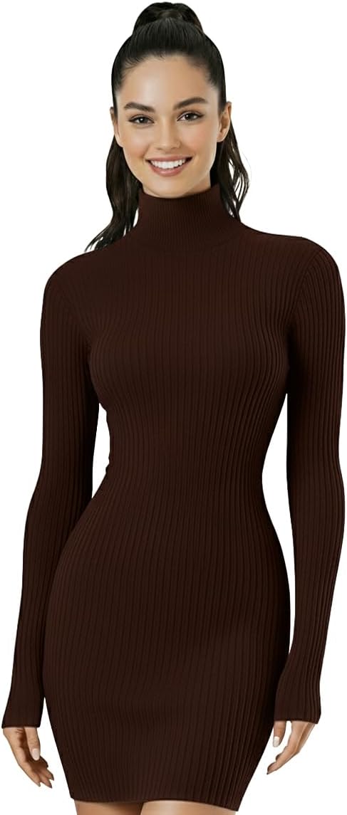 V28 Women's Turtleneck Long Sleeve Bodycon Mini Knit Sweater Dress for Fall and Winter