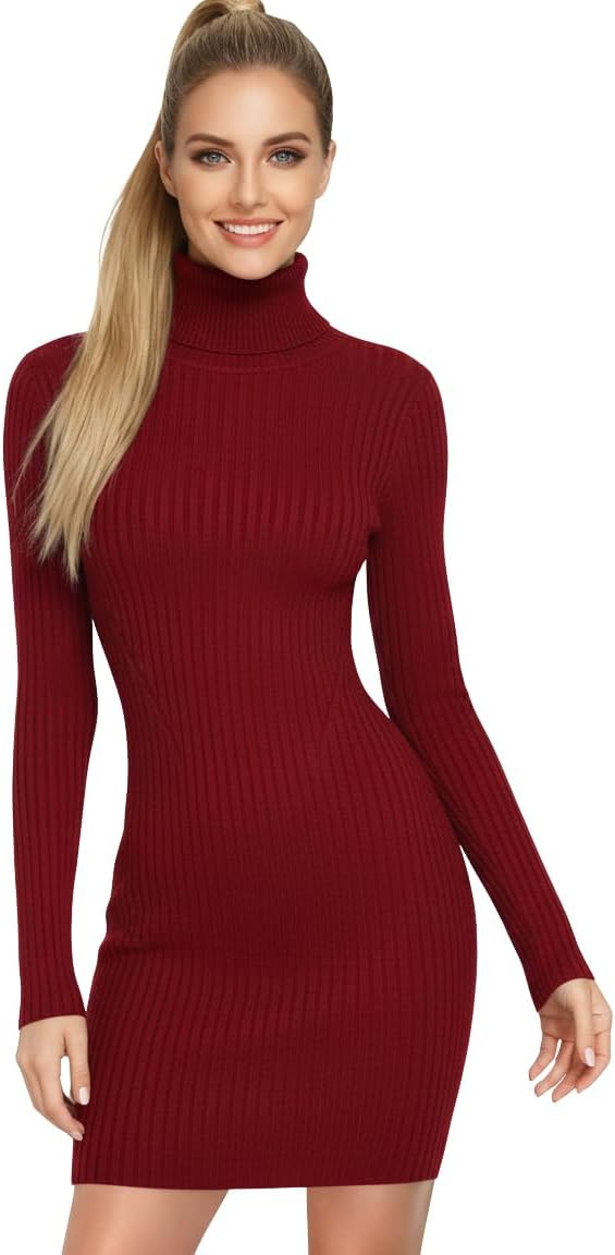 V28 Women's Turtleneck Long Sleeve Bodycon Mini Knit Sweater Dress for Fall and Winter