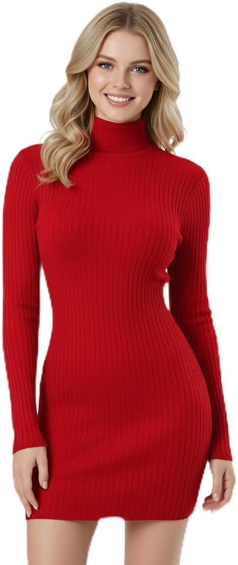 V28 Women's Turtleneck Long Sleeve Bodycon Mini Knit Sweater Dress for Fall and Winter