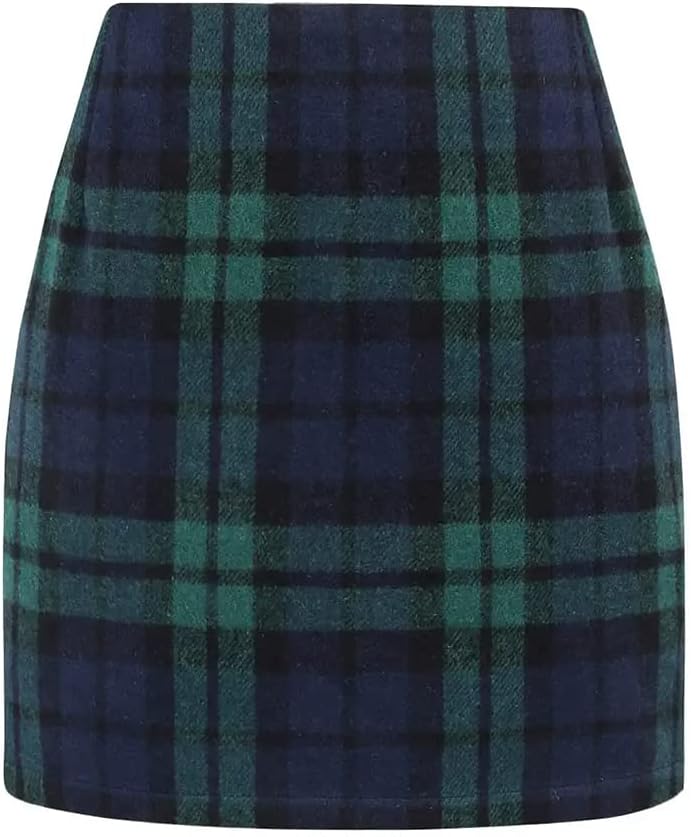 Kinghua Women's High-Waisted Wool Plaid Mini Pencil Skirt for Fall and Winter