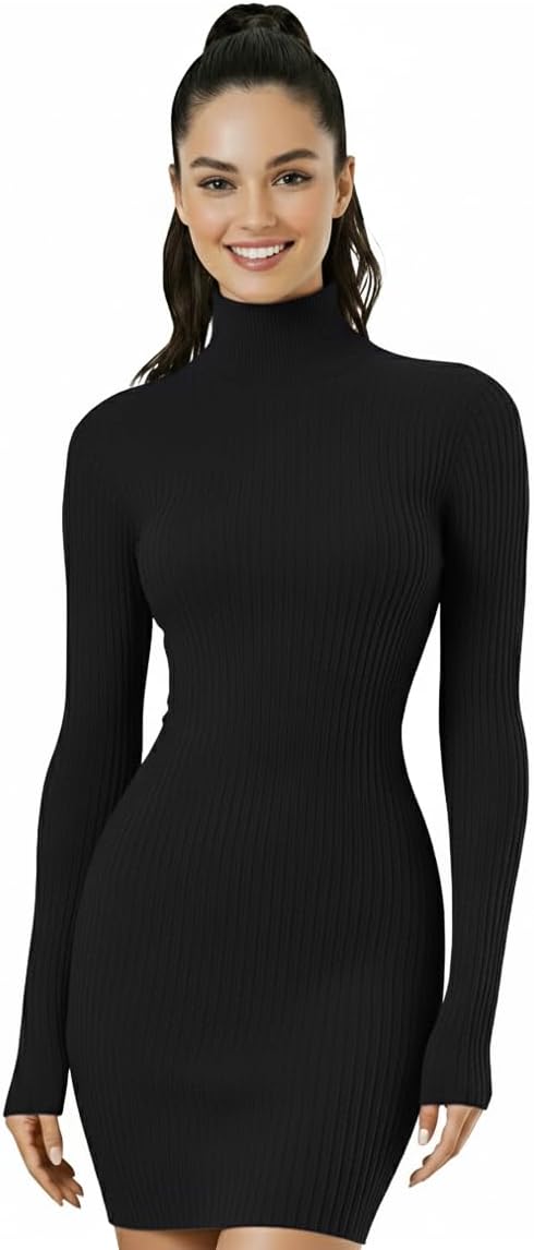 V28 Women's Turtleneck Long Sleeve Bodycon Mini Knit Sweater Dress for Fall and Winter