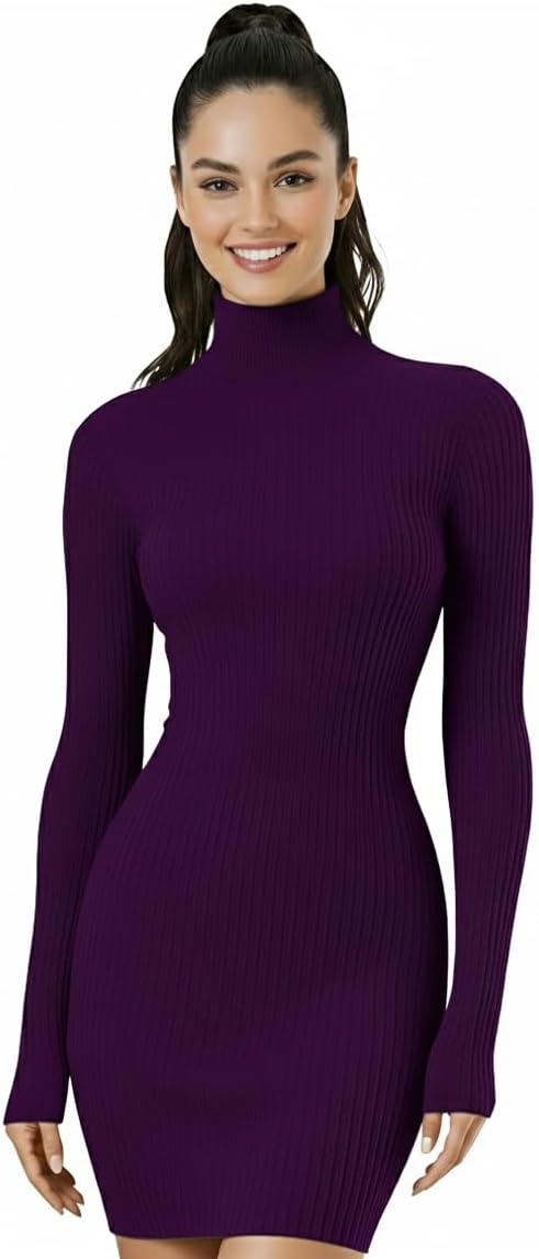 V28 Women's Turtleneck Long Sleeve Bodycon Mini Knit Sweater Dress for Fall and Winter