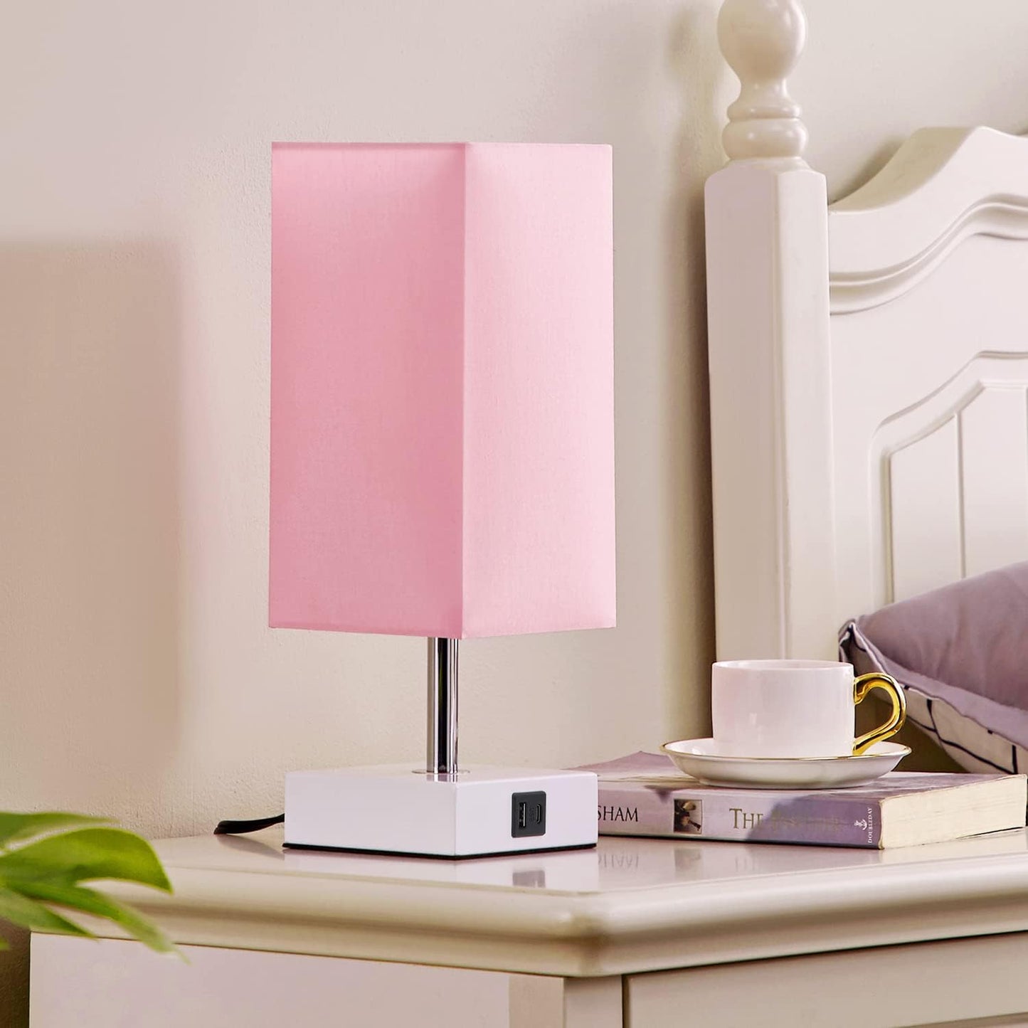 Ambimall Touch Control Table Lamp with 2 USB Charging Ports, 3 Way Touch Lamps beside Desk, Nightstand Lamp for Bedrooms Living Room, Pink Shade with White Base, LED Bulb Included(Pink)