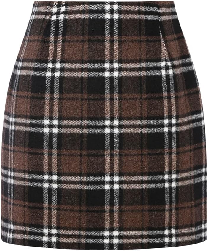 Kinghua Women's High-Waisted Wool Plaid Mini Pencil Skirt for Fall and Winter