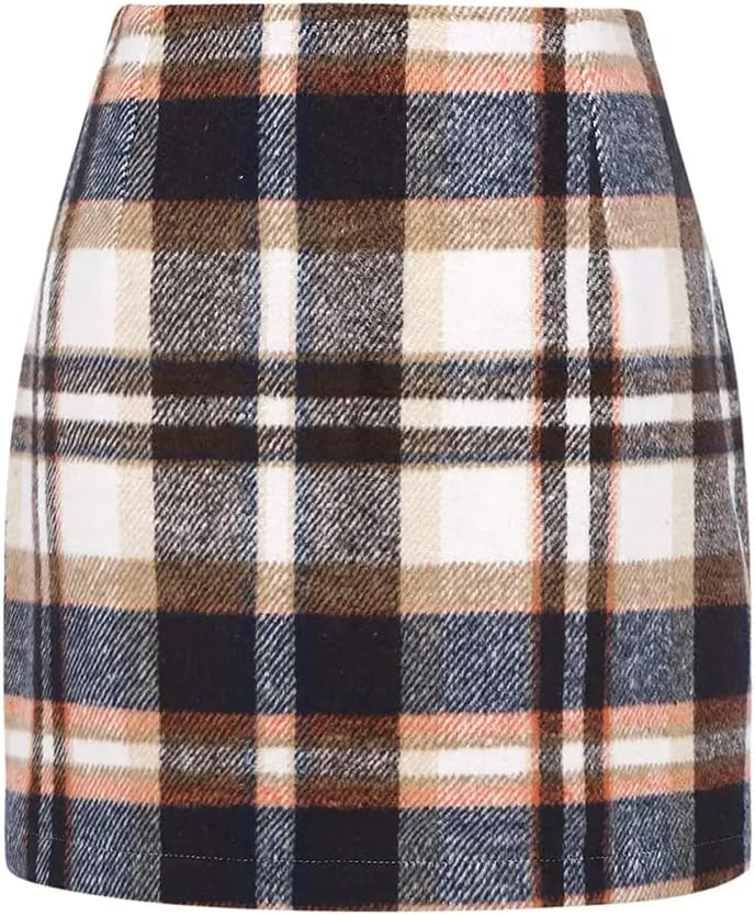 Kinghua Women's High-Waisted Wool Plaid Mini Pencil Skirt for Fall and Winter