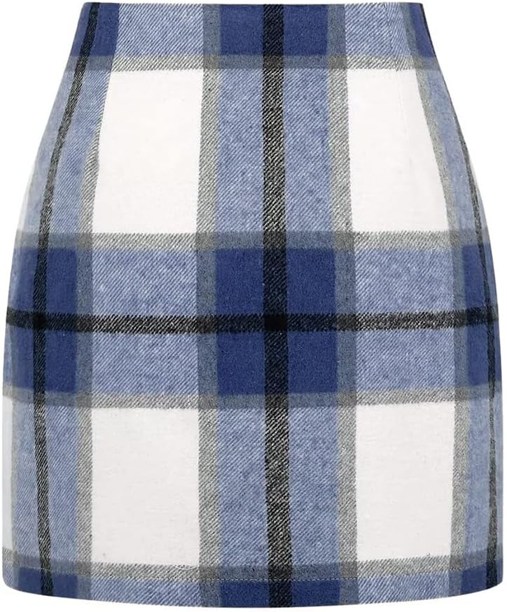 Kinghua Women's High-Waisted Wool Plaid Mini Pencil Skirt for Fall and Winter