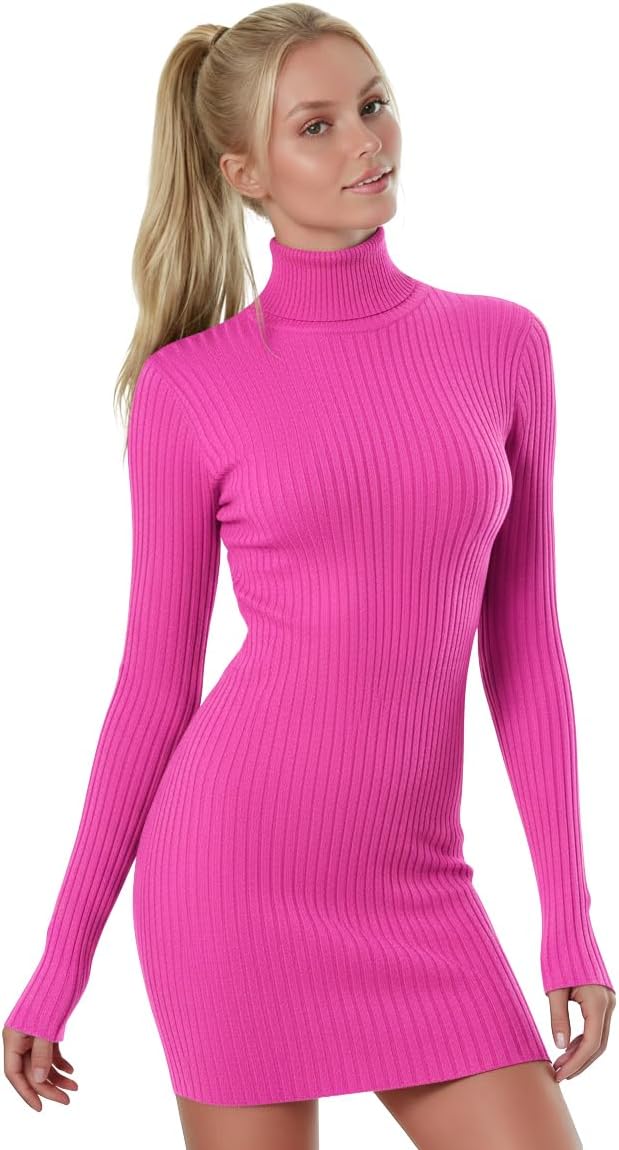 V28 Women's Turtleneck Long Sleeve Bodycon Mini Knit Sweater Dress for Fall and Winter