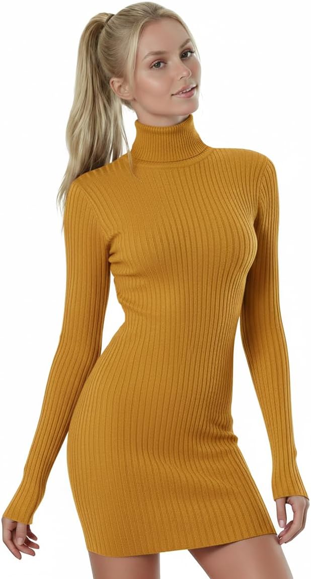 V28 Women's Turtleneck Long Sleeve Bodycon Mini Knit Sweater Dress for Fall and Winter