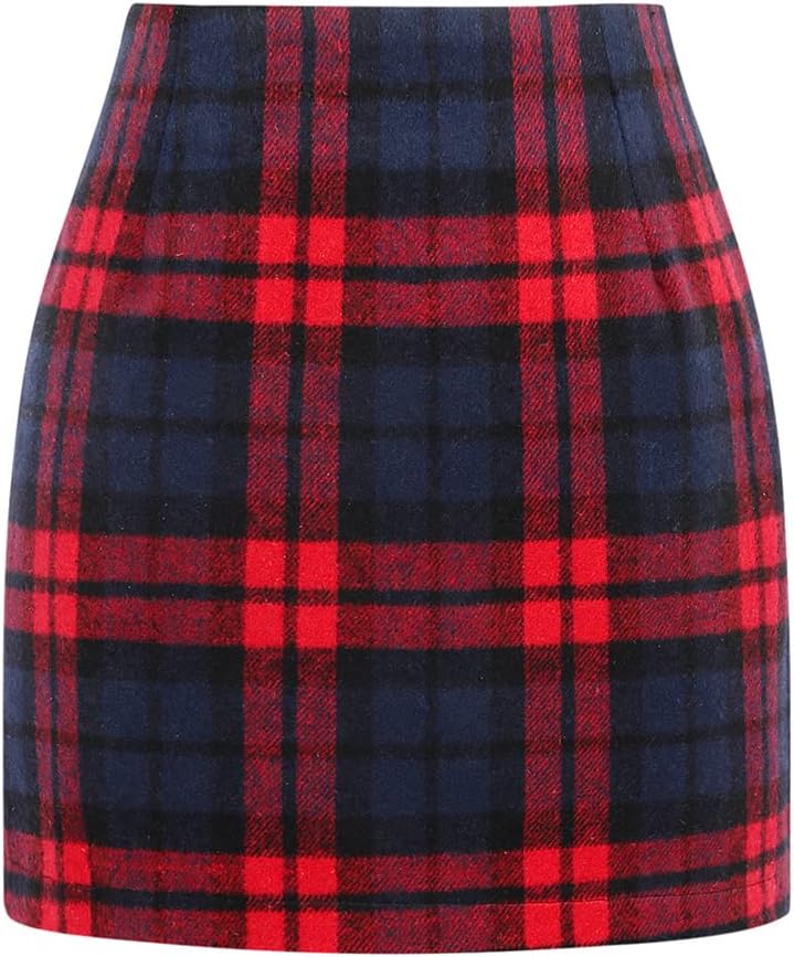 Kinghua Women's High-Waisted Wool Plaid Mini Pencil Skirt for Fall and Winter