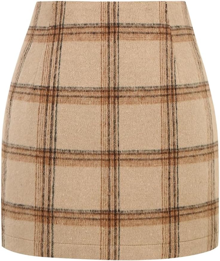 Kinghua Women's High-Waisted Wool Plaid Mini Pencil Skirt for Fall and Winter