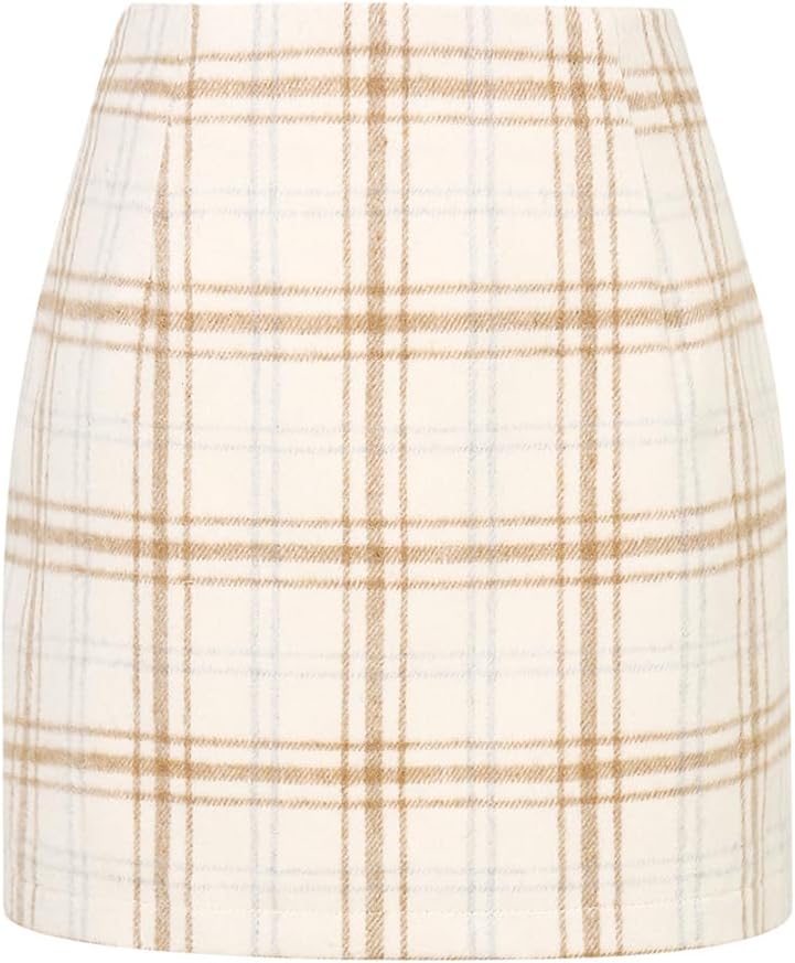 Kinghua Women's High-Waisted Wool Plaid Mini Pencil Skirt for Fall and Winter