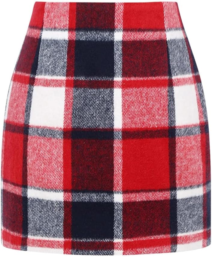 Kinghua Women's High-Waisted Wool Plaid Mini Pencil Skirt for Fall and Winter