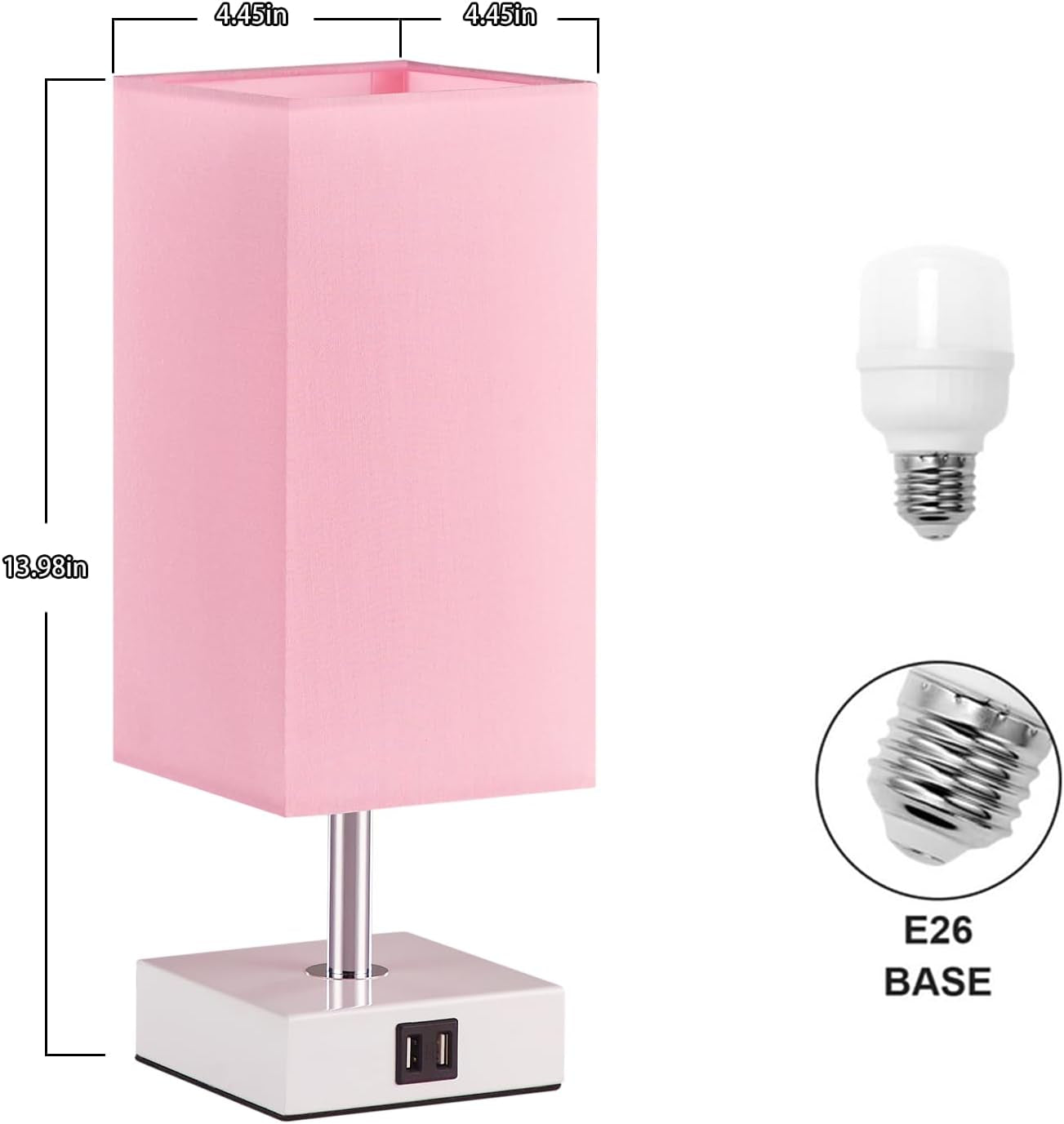 Ambimall Touch Control Table Lamp with 2 USB Charging Ports, 3 Way Touch Lamps beside Desk, Nightstand Lamp for Bedrooms Living Room, Pink Shade with White Base, LED Bulb Included(Pink)