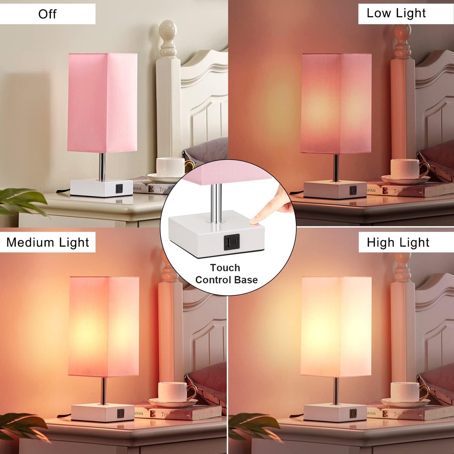 Ambimall Touch Control Table Lamp with 2 USB Charging Ports, 3 Way Touch Lamps beside Desk, Nightstand Lamp for Bedrooms Living Room, Pink Shade with White Base, LED Bulb Included(Pink)