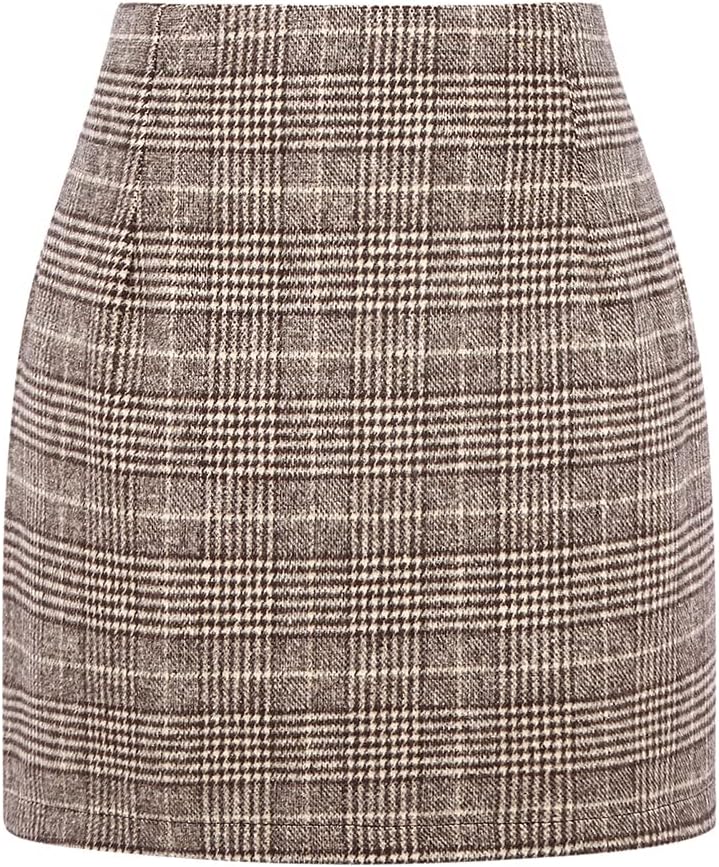 Kinghua Women's High-Waisted Wool Plaid Mini Pencil Skirt for Fall and Winter