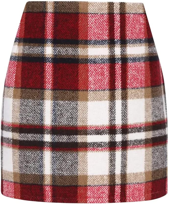 Kinghua Women's High-Waisted Wool Plaid Mini Pencil Skirt for Fall and Winter
