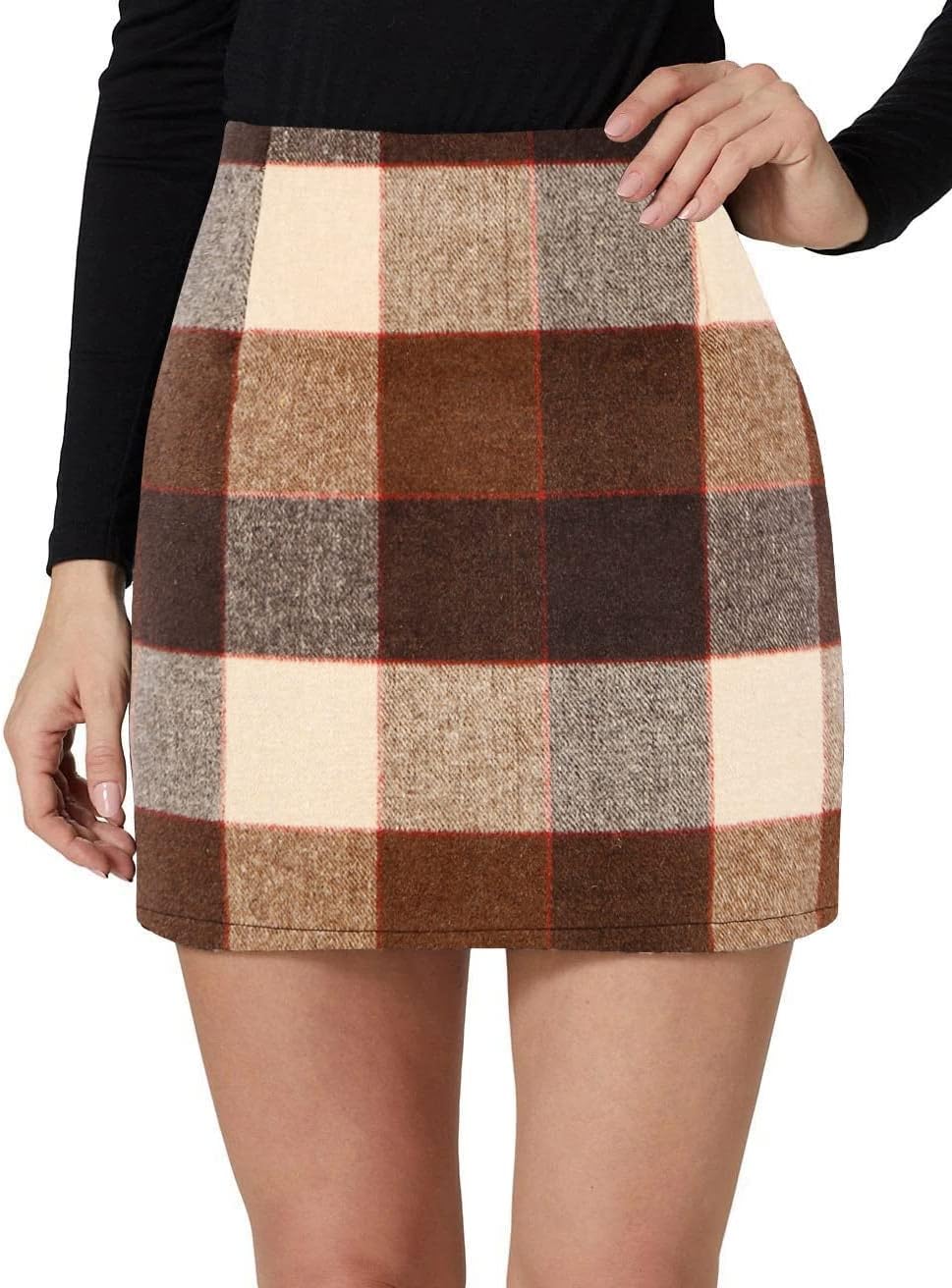 Kinghua Women's High-Waisted Wool Plaid Mini Pencil Skirt for Fall and Winter