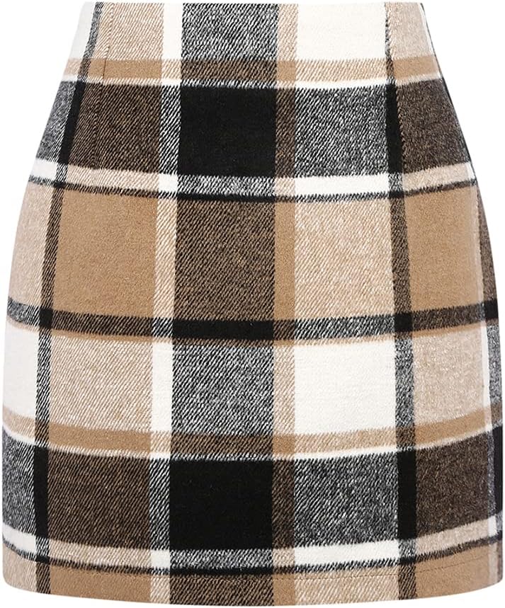 Kinghua Women's High-Waisted Wool Plaid Mini Pencil Skirt for Fall and Winter