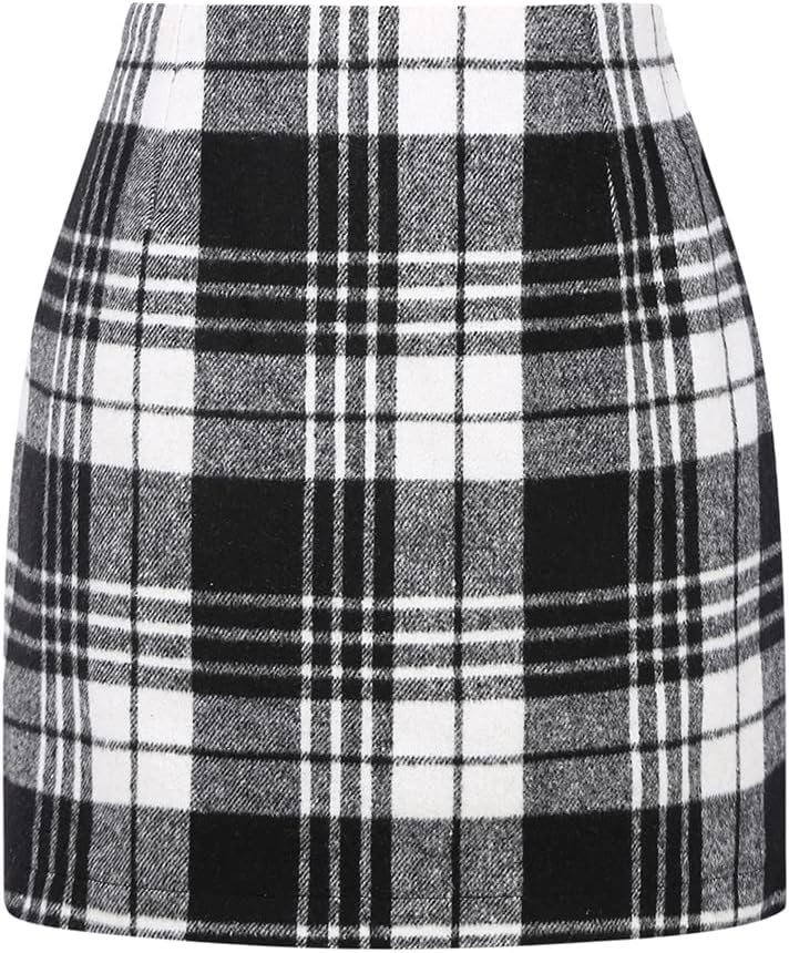 Kinghua Women's High-Waisted Wool Plaid Mini Pencil Skirt for Fall and Winter