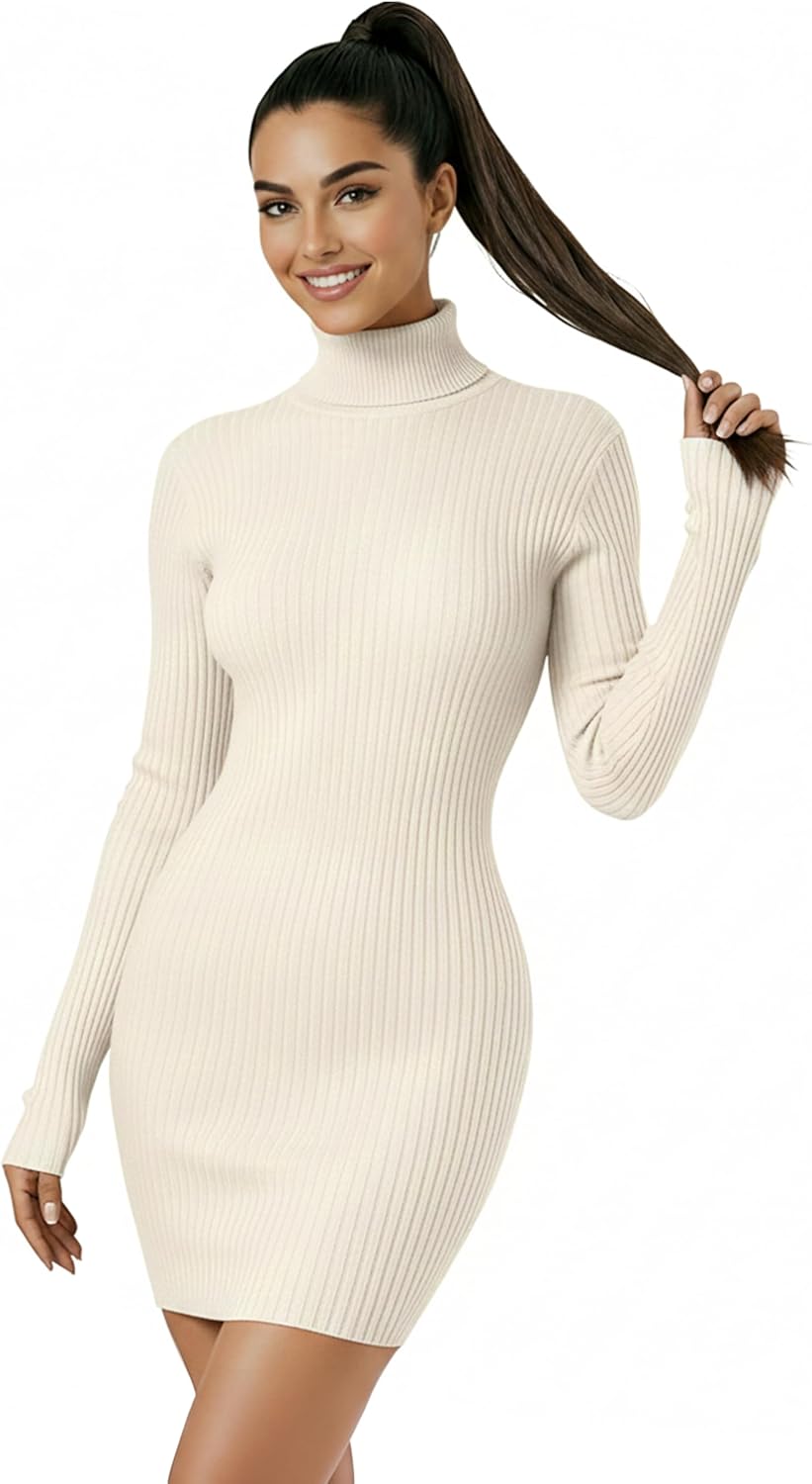 V28 Women's Turtleneck Long Sleeve Bodycon Mini Knit Sweater Dress for Fall and Winter