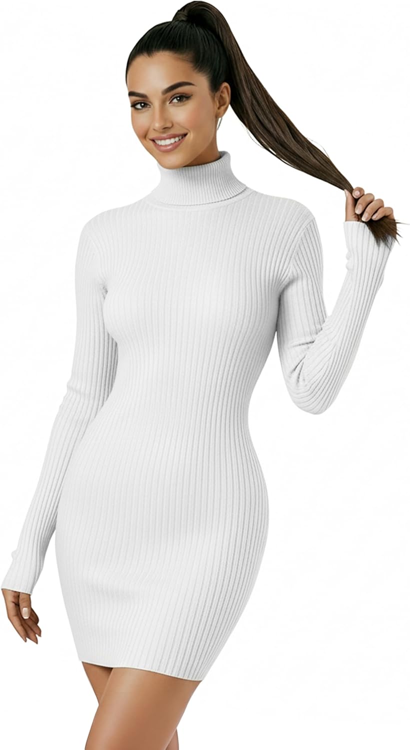 V28 Women's Turtleneck Long Sleeve Bodycon Mini Knit Sweater Dress for Fall and Winter
