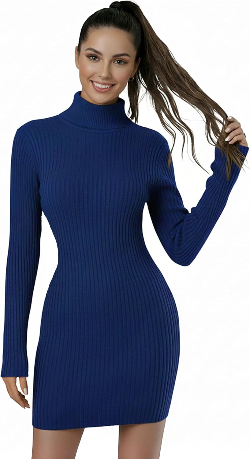 V28 Women's Turtleneck Long Sleeve Bodycon Mini Knit Sweater Dress for Fall and Winter