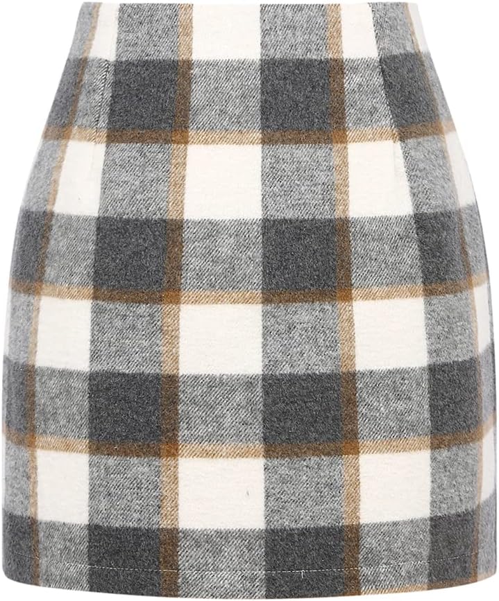 Kinghua Women's High-Waisted Wool Plaid Mini Pencil Skirt for Fall and Winter