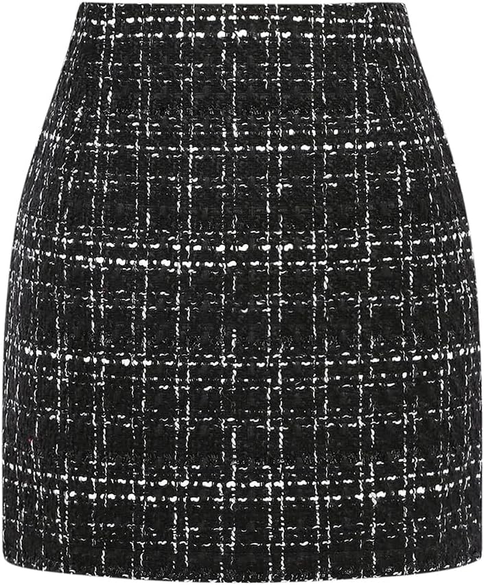 Kinghua Women's High-Waisted Wool Plaid Mini Pencil Skirt for Fall and Winter