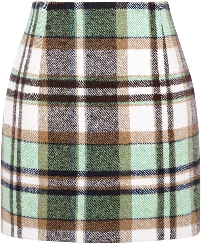 Kinghua Women's High-Waisted Wool Plaid Mini Pencil Skirt for Fall and Winter