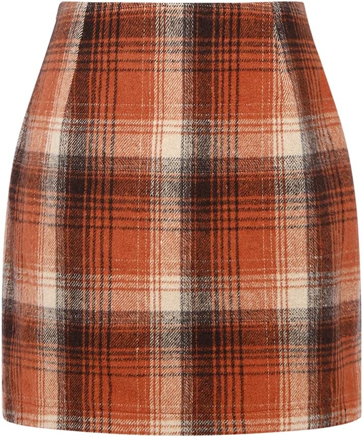 Kinghua Women's High-Waisted Wool Plaid Mini Pencil Skirt for Fall and Winter
