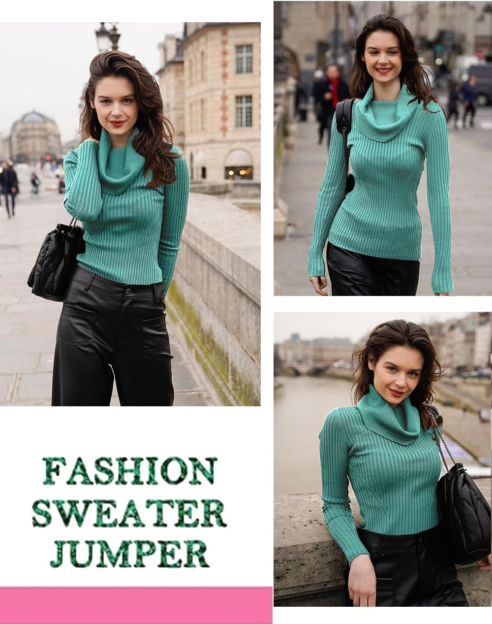 V28 Women's Slim Fit Long Sleeve Cowl Neck Knit Sweater