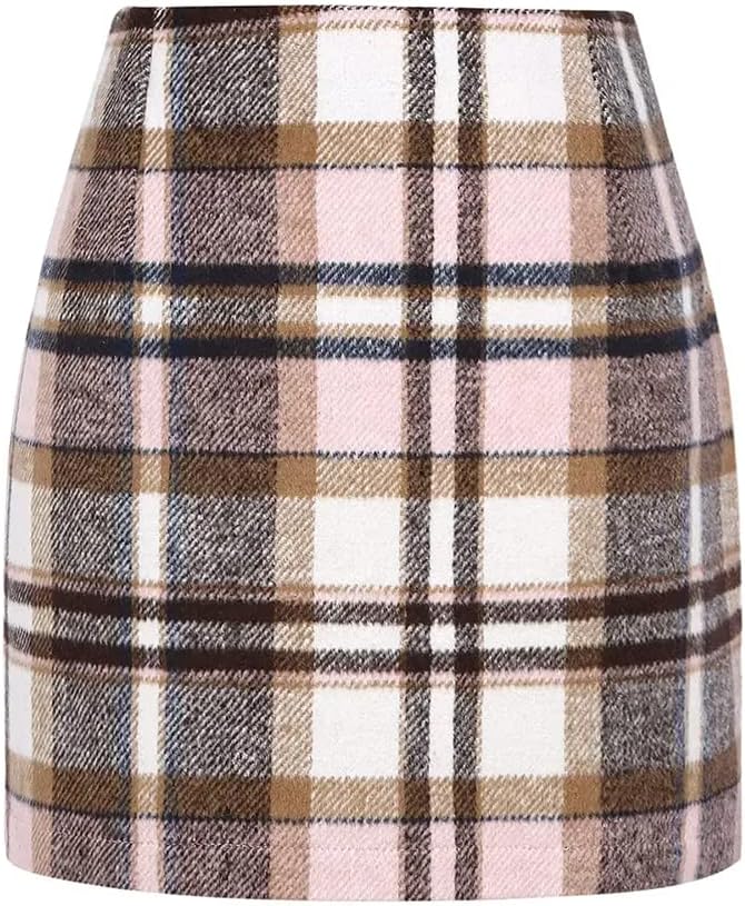 Kinghua Women's High-Waisted Wool Plaid Mini Pencil Skirt for Fall and Winter