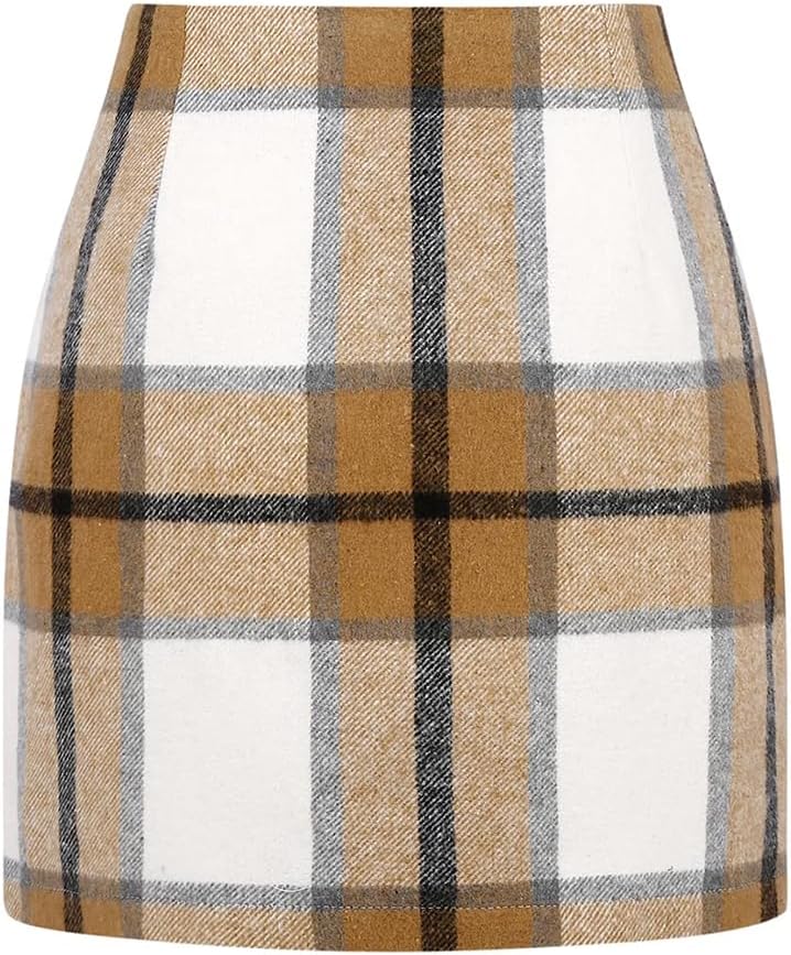 Kinghua Women's High-Waisted Wool Plaid Mini Pencil Skirt for Fall and Winter