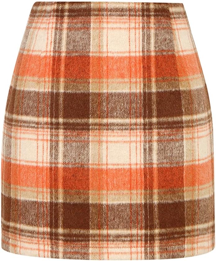 Kinghua Women's High-Waisted Wool Plaid Mini Pencil Skirt for Fall and Winter