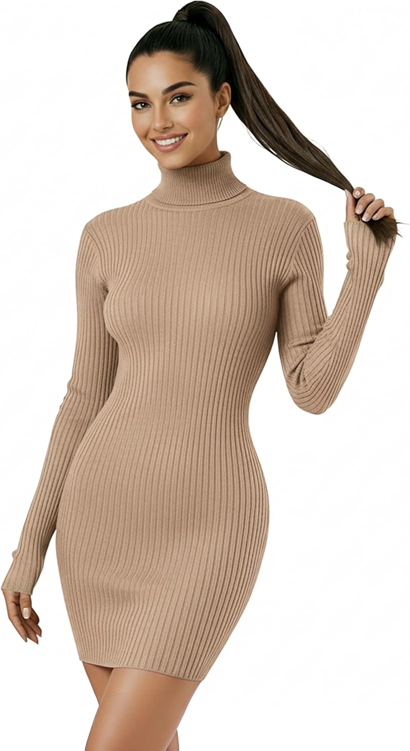 V28 Women's Turtleneck Long Sleeve Bodycon Mini Knit Sweater Dress for Fall and Winter