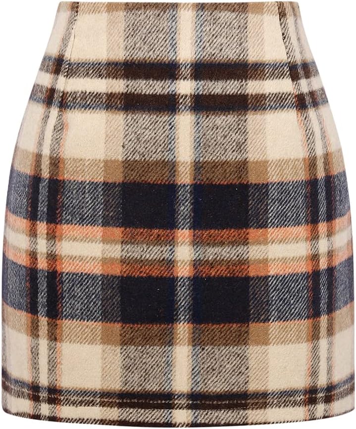 Kinghua Women's High-Waisted Wool Plaid Mini Pencil Skirt for Fall and Winter