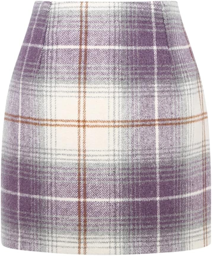 Kinghua Women's High-Waisted Wool Plaid Mini Pencil Skirt for Fall and Winter