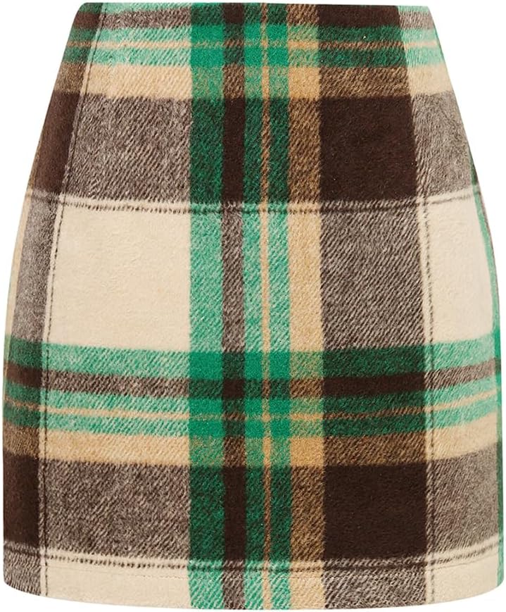 Kinghua Women's High-Waisted Wool Plaid Mini Pencil Skirt for Fall and Winter