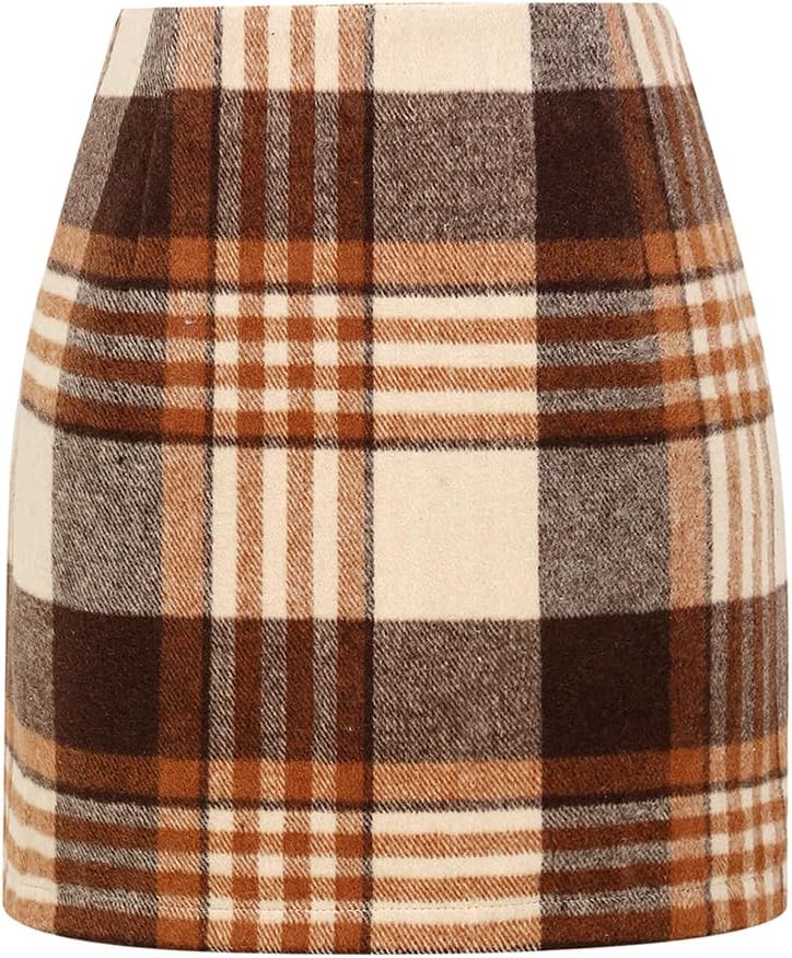 Kinghua Women's High-Waisted Wool Plaid Mini Pencil Skirt for Fall and Winter