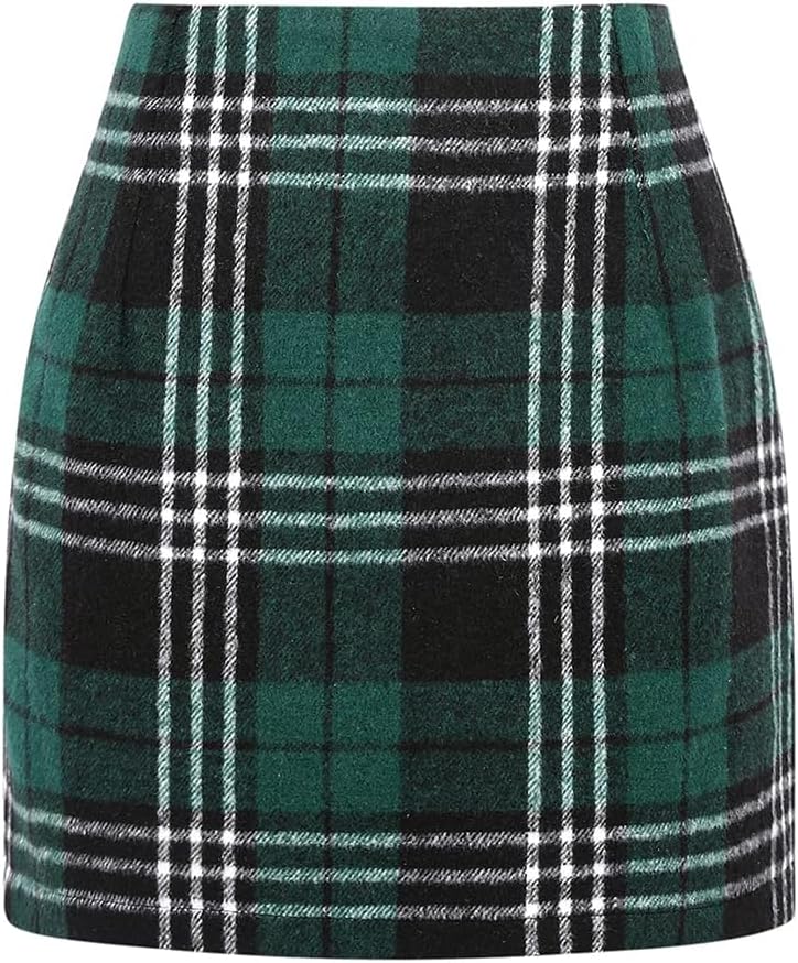 Kinghua Women's High-Waisted Wool Plaid Mini Pencil Skirt for Fall and Winter