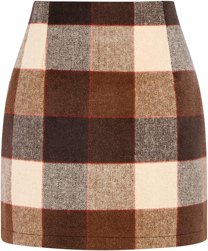 Kinghua Women's High-Waisted Wool Plaid Mini Pencil Skirt for Fall and Winter