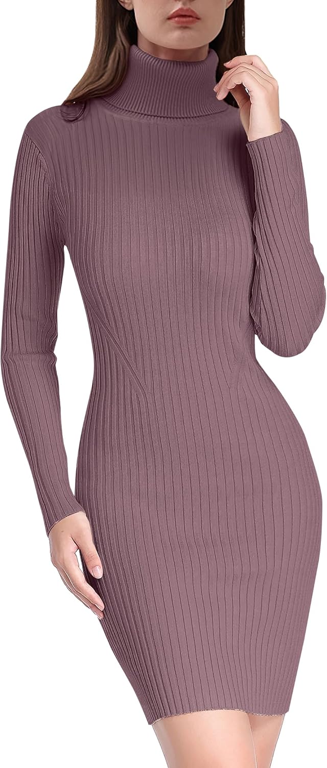 V28 Women's Turtleneck Long Sleeve Bodycon Mini Knit Sweater Dress for Fall and Winter