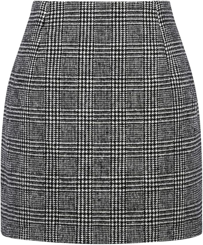Kinghua Women's High-Waisted Wool Plaid Mini Pencil Skirt for Fall and Winter