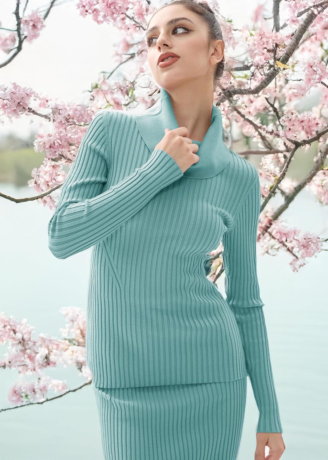 V28 Women's Slim Fit Long Sleeve Cowl Neck Knit Sweater