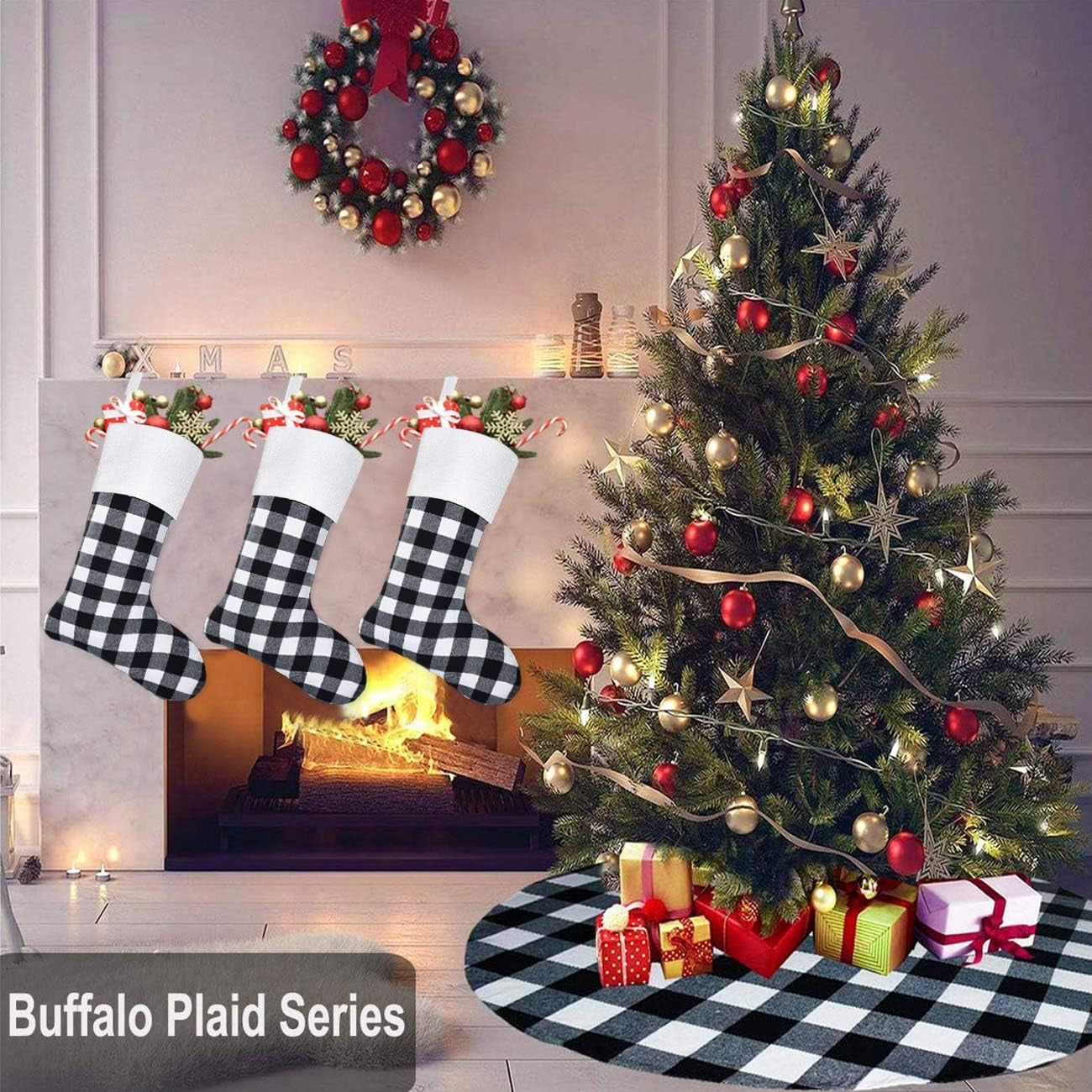 Senneny 6 Pack Christmas Stockings- 18 Inch Black White Buffalo Plaid Christmas Stockings Fireplace Hanging Stockings for Family Xmas Holiday Season Party Decor