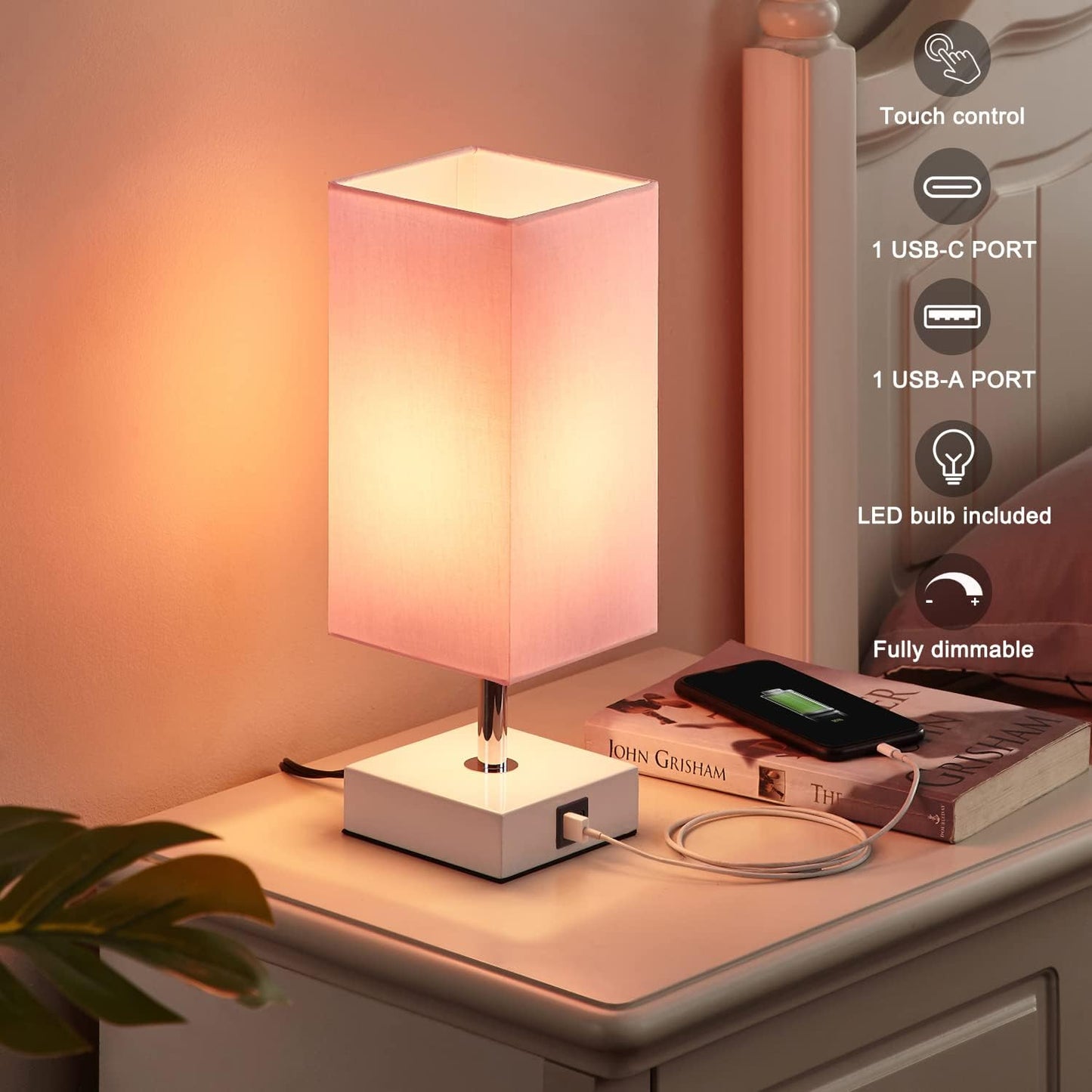 Ambimall Touch Control Table Lamp with 2 USB Charging Ports, 3 Way Touch Lamps beside Desk, Nightstand Lamp for Bedrooms Living Room, Pink Shade with White Base, LED Bulb Included(Pink)