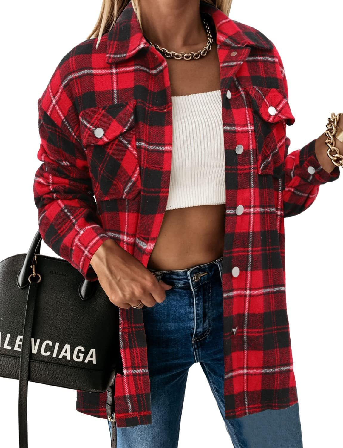 Stunshow Women's Plaid Button-Down Flannel Shacket Long Sleeve Coat Jacket - Trendy 2025 Collection