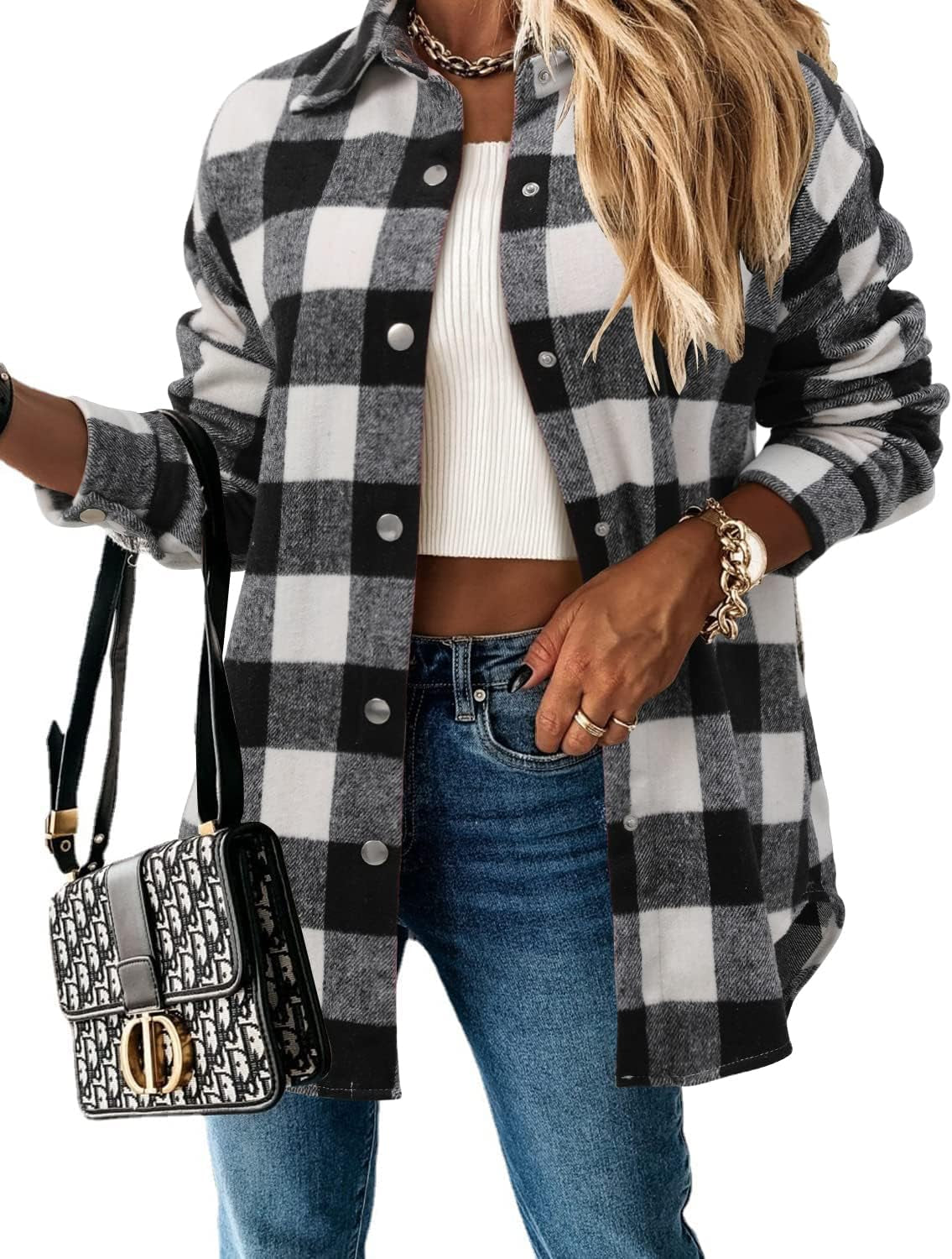 Stunshow Women's Plaid Button-Down Flannel Shacket Long Sleeve Coat Jacket - Trendy 2025 Collection